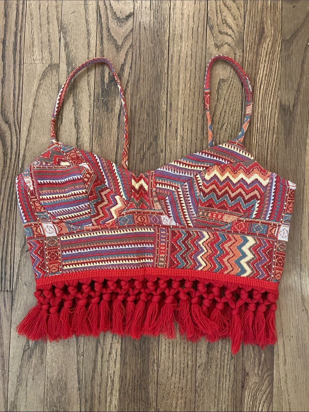 Cider Multicolor Patterned Tassel Crop Top